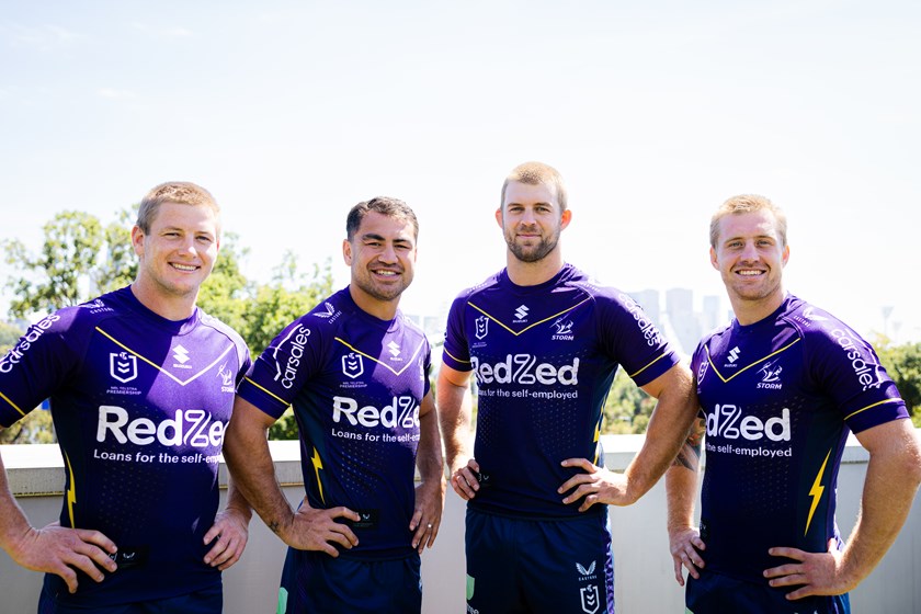 Harry Grant, Jahrome Hughes, Christian Welch and Cameron Munster at Storm's leadership announcement at carsales.com.au on Wednesday.