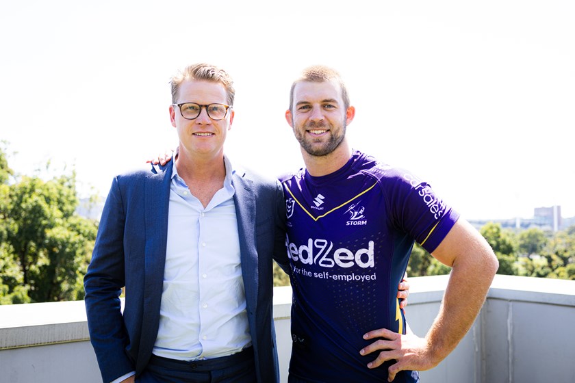 Storm CEO Justin Rodski and 2023 Captain Christian Welch at carsales.com.au on Wednesday.
