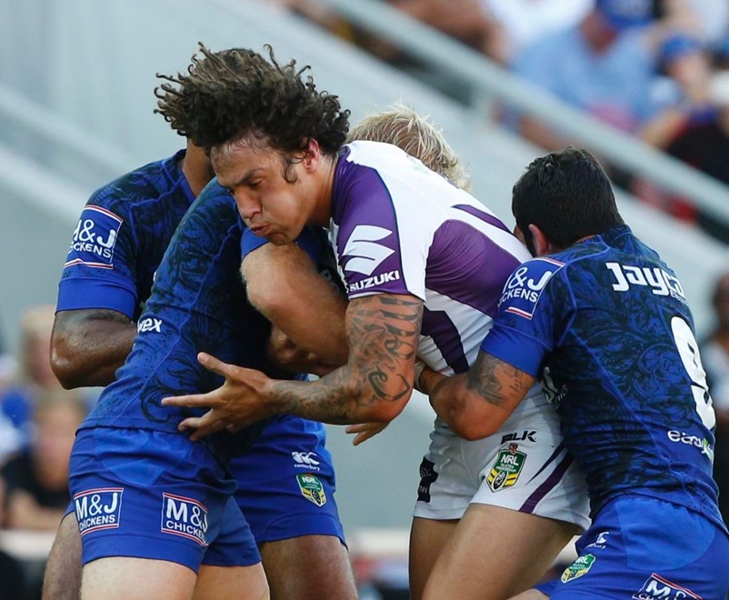 Kevin Proctor : NRL Rugby League - Trail Match, Canterbury Bulldogs v Melbourne Storm at Suncorp Stadium, Brisbane, QLD, Sunday 23rd February 2014 . Digital Image by Charles Knight nrlphotos.com