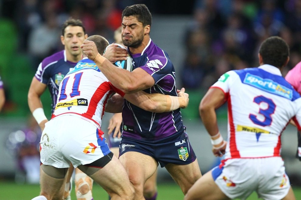 Digital Image by Ian Knight Â© nrlphotos.com:Jesse Bromwich (Melbourne Storm) NRL, Rugby League, Round 3, Melbourne Storm v Newcastle Knights @ AAMI Park, Melbourne, VIC, Monday March 24th, 2014. 
