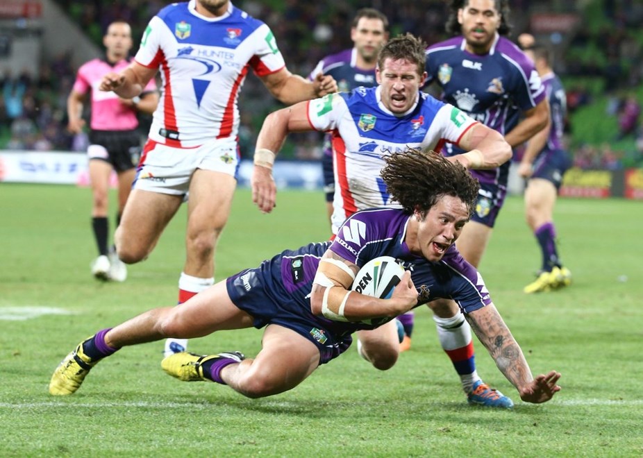 Digital Image by Brett Crockford Â© nrlphotos.com :	Kevin Proctor  scores for the Storm NRL, Rugby League, Round 3 Melbourne Storm v  Newcastle Knights @ AAMI Park, Melbourne, VIC, Monday March 24th, 2014. 