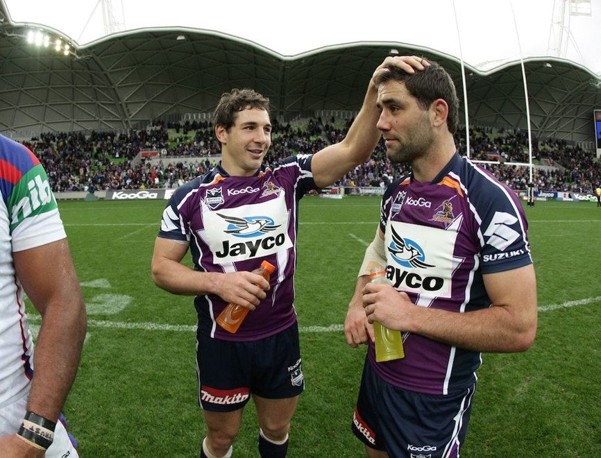 Genuine affecdtion, Billy Slater taps Cam Smith:		Rugby League, NRL, Round 26 Melbourne Storm v Newcastle Knights at AAMI Stadium, Sunday September 5th, 2010. Digital image by Colin Whelan Â© nrlphotos.com