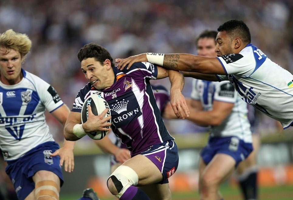 Billy Slater gets away from Krisnan Inu to score: NRL - Grand Final, Melbourne Storm v Canterbury Bulldogs, ANZ Stadium, Sunday 30th September 2012. Photo: Copyright Â© Renee McKay/Action Photographics