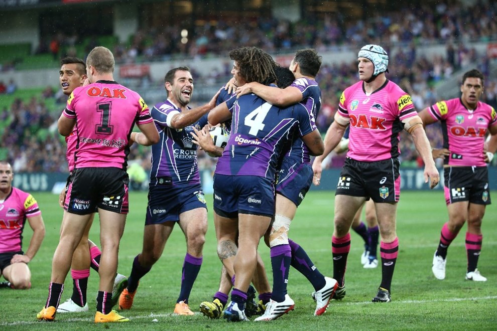 Digital Image by Brett Crockford Â© nrlphotos.com : Melbourne Storm celebrate a Kevin Proctor try   NRL, Rugby League, Round 2, Melbourne Storm v  Penrith Panthers @ AAMI Park, Melbourne, VIC, Saturday March 15th, 2014.