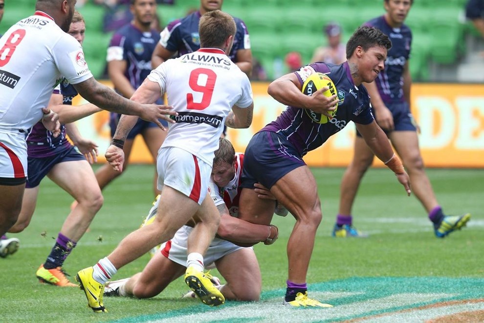 Photo: nrlphotos.com - Pride Petterson-Robati is tackled during Storm's Round 1