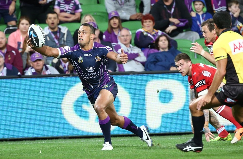 Digital Image by Brett Crockford Â© nrlphotos.com :    Will Chambers scores for the Storm NRL, Rugby League, Round 6, Melbourne Storm v  St George-Illawarra Dragons @ AAMI Park, Melbourne, VIC, Sunday April 14th, 2014.