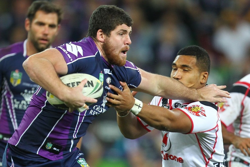 Digital Image by Ian Knight Â© nrlphotos.com: Mitch Garbutt (Melbourne Storm) NRL, Rugby League, Round 8, ANZAC Day, Melbourne Storm v New Zealand Warriors @ AAMI Park, Melbourne, VIC, Friday April 25th, 2014. 