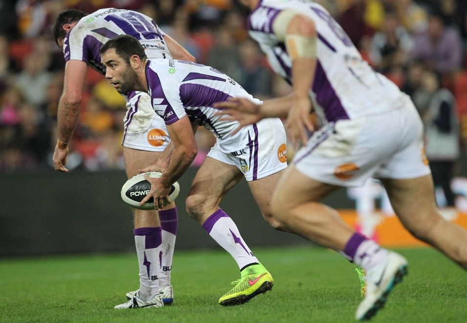 Photo by Colin Whelan copyright © nrlphotos.com :     Cameron Smith scoots                          NRL Rugby League, Round 20 Brisbane Broncos v Melbourne Storm at Suncorp Stadium, Friday July 25th 2014.