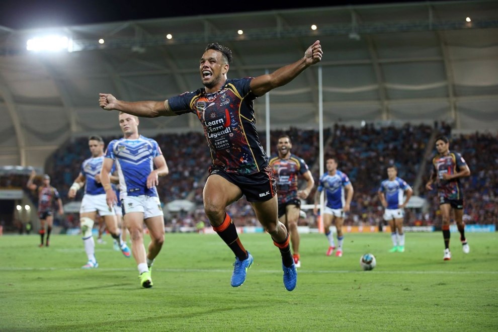 Will Chambers scores the winning try : Digital Image by Robb Cox Â©nrlphotos.com:  :NRL Rugby League - Indigenous All Stars Vs NRL All Stars,  at CBUS Stadium, Friday February 13th 2015.