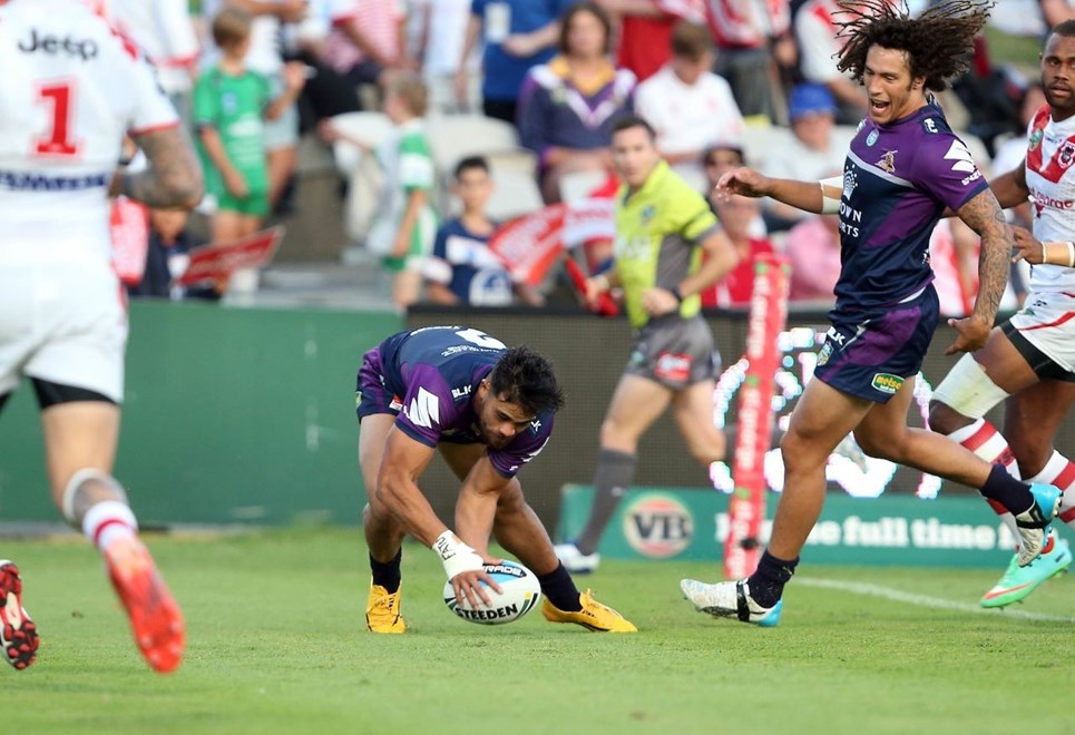 Young Tonumaipea scores : Digital Image by Robb Cox Â©nrlphotos.com:  :NRL Rugby League - St George Illawarra Dragons V Melbourne Storm at Jubilee Oval, Kogarah. Monday March 9th 2015.