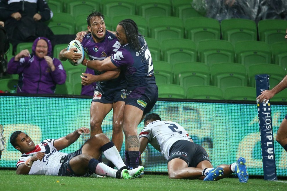 Will Chambers scores for the Melbourne Storm   Digital Image by Brett Crockford Â©nrlphotos.com :	    NRL, Rugby League, Round 7,  Melbourne Storm v  Sydney Roosters @ AAMI Park, Melbourne, VIC, Saturday 18 April, 2015. 