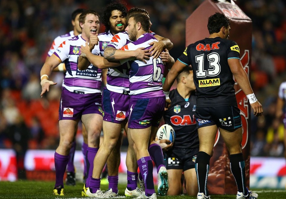 Blake Green of the Storm celebrates scoring a try during the round 13 NRL match between the Penrith Panthers and the Melbourne Storm at Pepper Stadium on June 6, 2015 in Penrith, Australia. Digital Image by Mark Nolan.