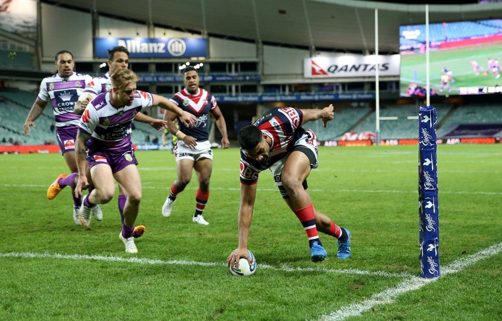 Daniel Tupou scores :Digital Image Grant Trouville Â© NRLphotos  : NRL Rugby League Round 12 - Sydney Roosters v Melbourne Storm at SFS Allianz Stadium,Monday June 1st  2015.