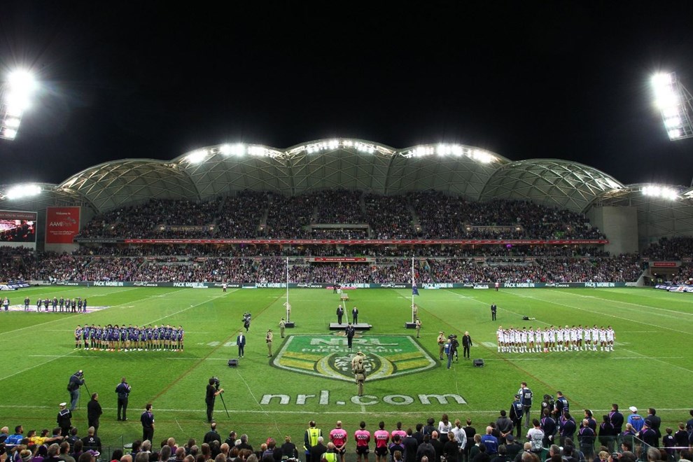 Digital Image by Ian Knight Â© nrlphotos.com: NRL, Rugby League, Round 8, ANZAC Day, Melbourne Storm v New Zealand Warriors @ AAMI Park, Melbourne, VIC, Friday April 25th, 2014. 