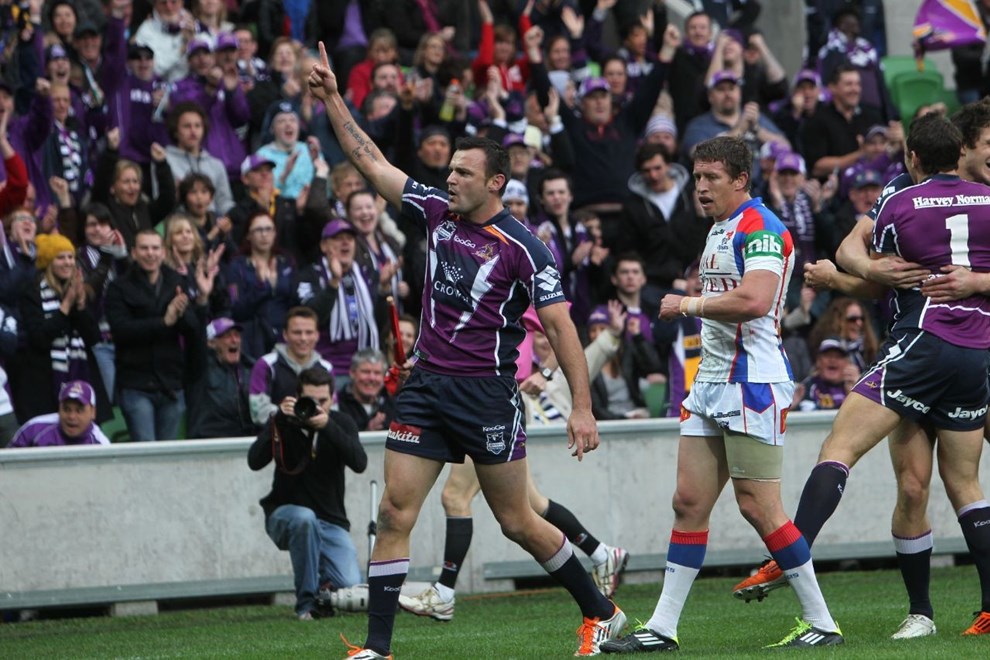 Beau Champion celebrates his try:	NRL Rugby League, Playoffs Round 1, Melbourne Storm v Newcastle Knights at Melbourne, Sunday September 11th 2011. Digital image by Colin Whelan copyright © nrlphotos.com