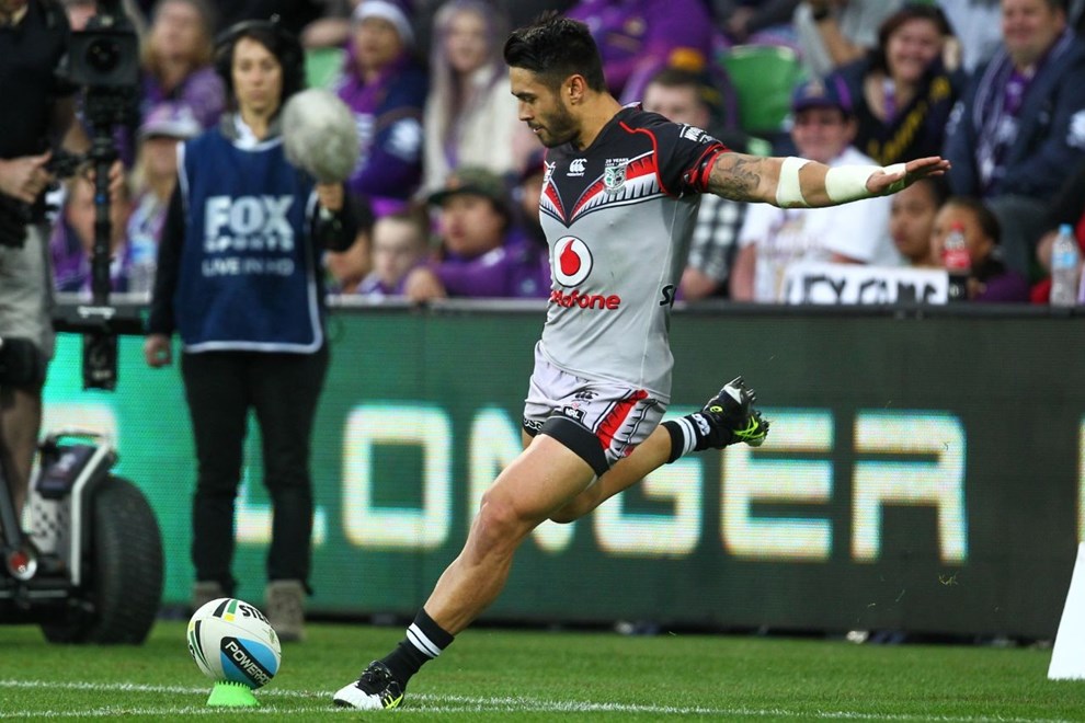 Shaun Johnson (New Zealand Warriors)  Digital Image by Ian Knight © nrlphotos.com: NRL, Rugby League, Round 5, Melbourne Storm v New Zealand Warriors @ AAMI Park, Melbourne, VIC, Monday April 6th, 2015. 