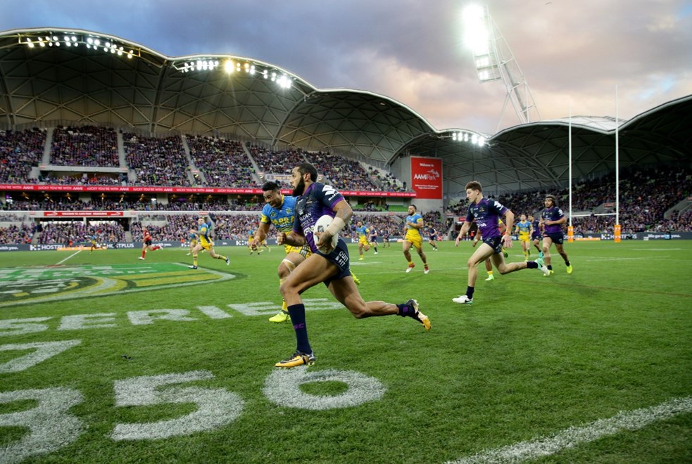NRL Qualifying Final Melbourne Storm v Parramatta Eels attempts to bust a tackle of  AAMI Park .Picture : Gregg Porteous