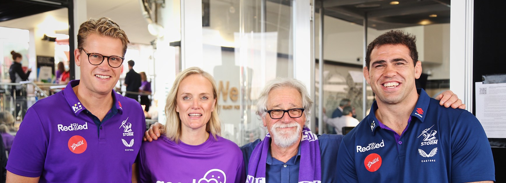 (From left) Melbourne Storm CEO Justin Rodski, Good Friday Appeal Executive Director Rebecca Cowan, 3AW presenter Neil Mitchell and Storm co-captain Dale Finucane.