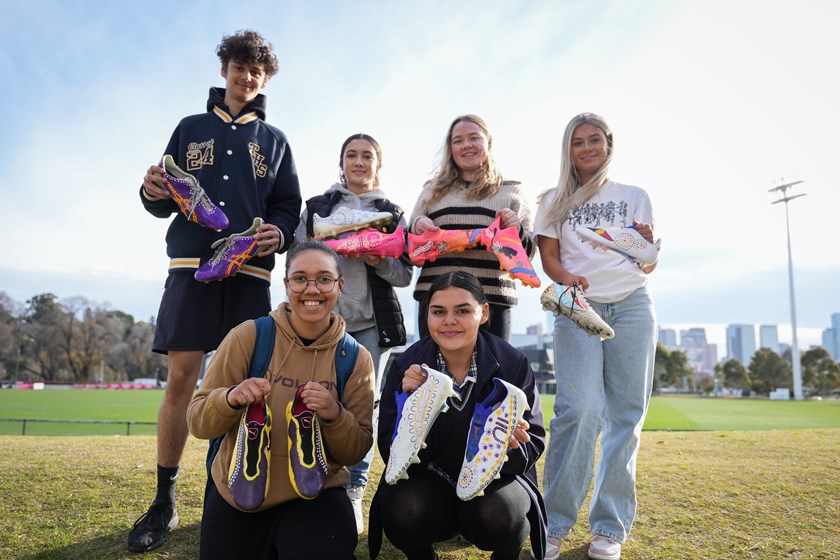 Students from Thornbury High School and Hallam Senior College who are part of the NRL's School to Work program painted boots for Storm stars.