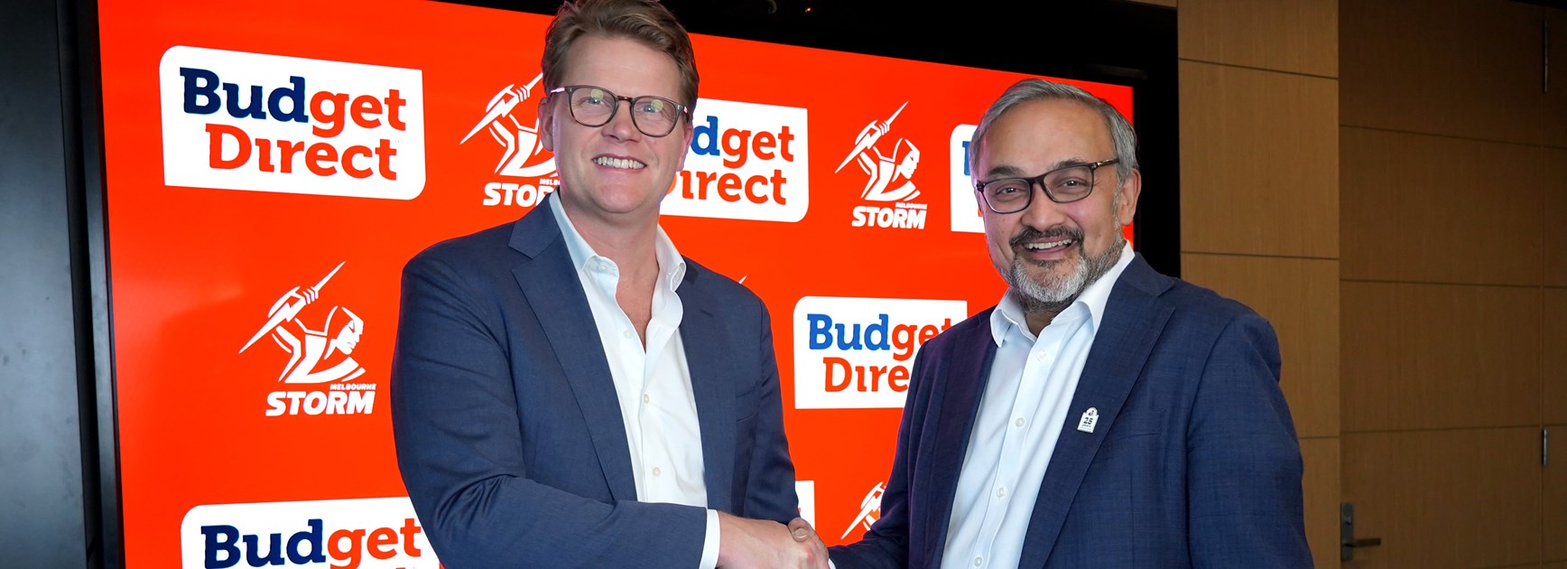 Auto & General's Group Managing Director & CEO, Asia Pacific, Ram Kangatharan, congratulates Justin Rodski, CEO of Melbourne Storm, on the announcement of the new partnership.